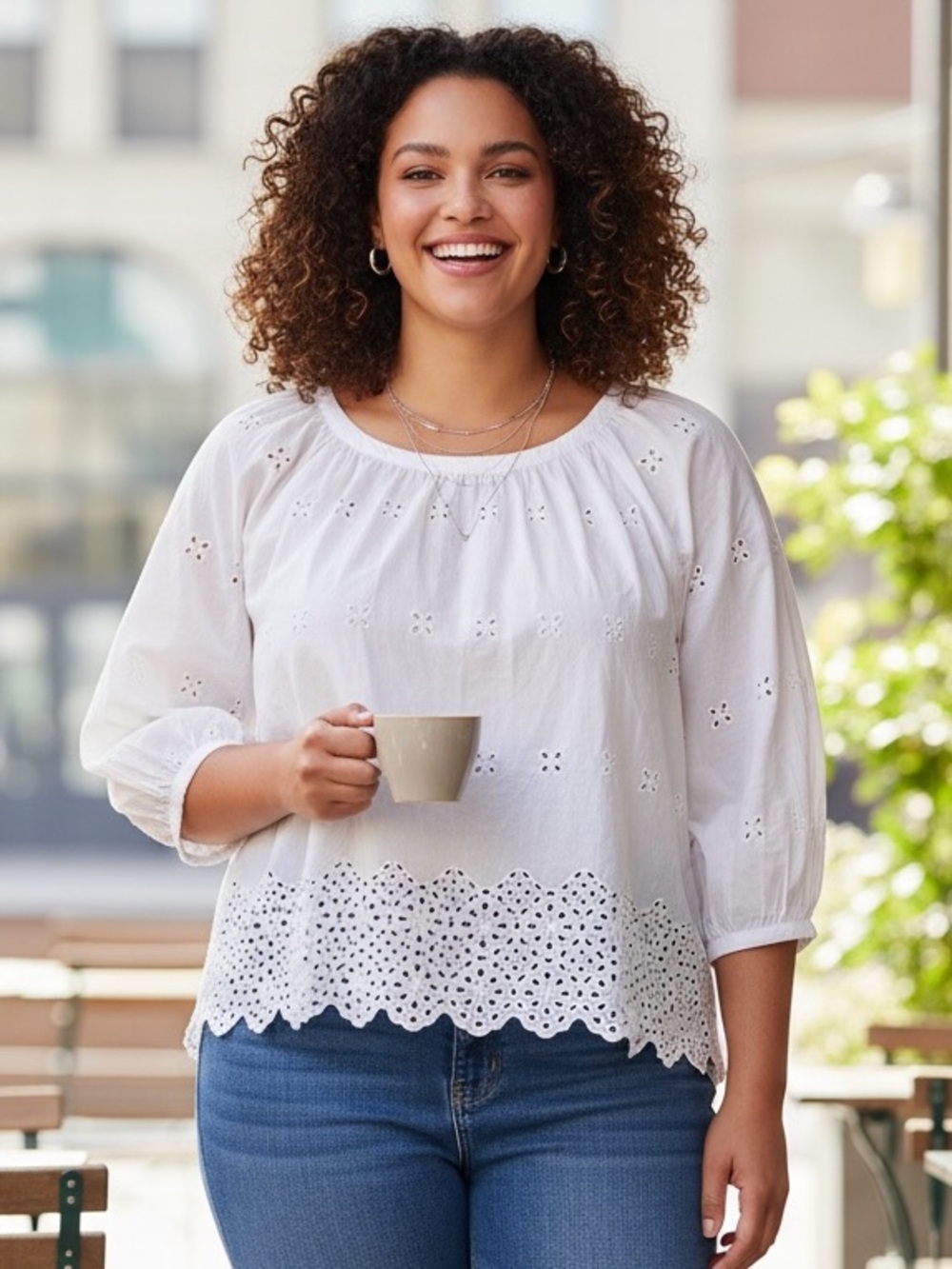 Old Navy White Eyelet Scalloped Peasant Blouse with Button Details